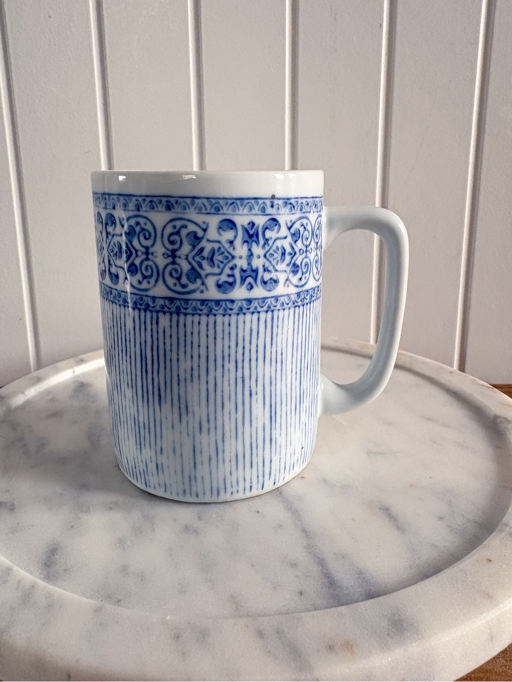 Pier 1 White and Blue Ceramic Mug with Decorative Band